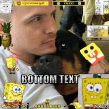 a picture of a man holding a dog with spongebob and other cartoon characters