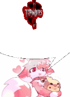 a cartoon drawing of a cat holding a stuffed animal with the word tornadoes in the background