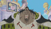 a cartoon character from one piece is standing in front of a building with a picture of a clown on it .