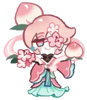 a cartoon character with a peach on her head is holding a peach and flowers .