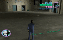 a video game screen shows a man talking on a cell phone in front of an inter global films sign