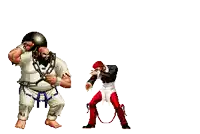 a pixel art of a man holding a ball and another man fighting him