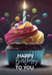 a birthday card with a cupcake with a lit candle on top .