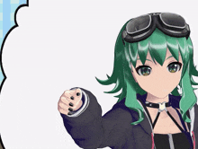 a cartoon character with green hair and goggles on her head
