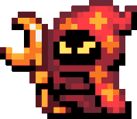 a pixel art drawing of a demon with yellow eyes and a red hood