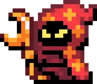 a pixel art drawing of a demon with yellow eyes and a red hood