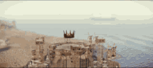 an aerial view of a castle with a crown on top of it