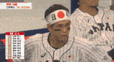 a man wearing a headband that says ' japan ' on it sits in a dugout