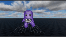 a purple monster with big teeth stands on a grid