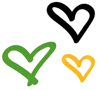 three different colored hearts on a white background one green one black and one yellow