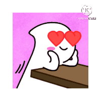 a cartoon character is laying on a table with two hearts in his eyes