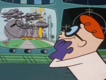 dexter from dexter 's laboratory is looking at a screen with a picture of a star wars scene on it .