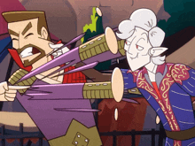 a cartoon of a vampire and a knight fighting
