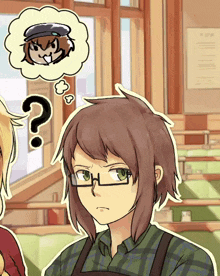 a cartoon drawing of a person with glasses and a question mark above their head