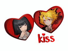 a couple of red hearts with the word kiss on it
