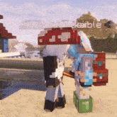 two minecraft characters are standing next to each other on a beach .