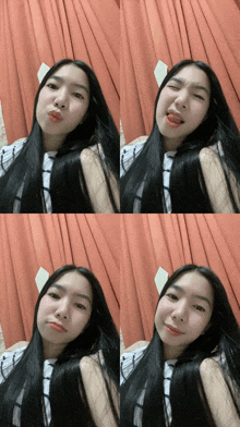 a woman with long black hair is taking a selfie