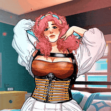 a cartoon of a woman with pink hair wearing a corset and a clock that says 5:59