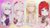 a group of anime girls are standing next to each other with the words no horny on the bottom .