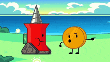 a cartoon drawing of a drill and a coin with arms and legs