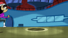 a cartoon character is running in a room with a hole in the ground