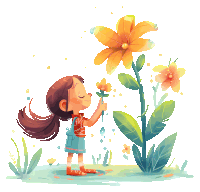 an illustration of a little girl smelling a flower with the letter p on her shirt