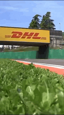 a yellow dhl sign is above a grassy area