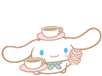 a cartoon bunny holding a cup of coffee and a cinnamon roll with the words well done below it