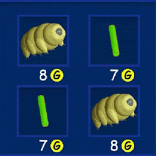 a cartoon of a yellow worm with the numbers 8g and 7g