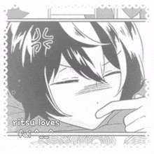 a black and white drawing of a girl with her eyes closed and the words `` ritsu loves fai '' on the bottom .