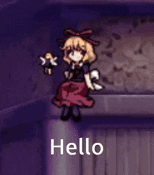 a pixel art of a girl standing on a wall with the words hello below her