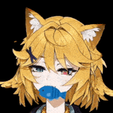 a girl with cat ears is holding a small fish in her mouth