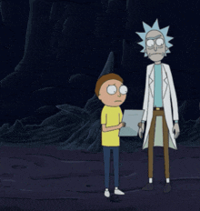 rick and morty standing next to each other in a cave