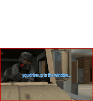 a video game screen shows a man in a helmet and says you drive up to the window