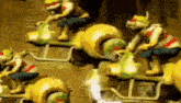 a group of toy soldiers are riding yellow scooters on a dirt road .