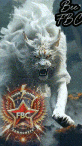 a picture of a white lion with a red star and the word fbc on it