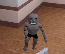 a cartoon character with a big smile on his face is standing on a wooden floor