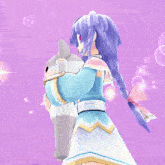 a girl with purple hair is holding a stuffed animal in her arms