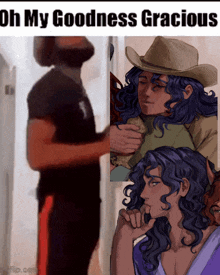 a man with a beard and a cowboy hat is standing next to a woman with blue hair