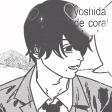 a black and white drawing of a man with the words yoshida de coral written above him