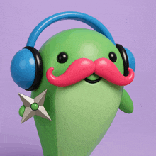 a green character with a pink mustache and headphones