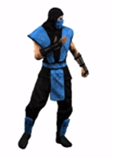 a man in a blue and black ninja outfit is dancing .
