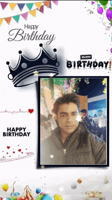 a happy birthday greeting card with a picture of a man and a crown
