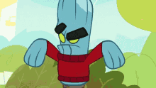 a cartoon character is wearing a red sweater and has an angry face