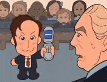 a cartoon of a man in a suit and tie holding a flip phone