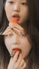 a woman is eating a strawberry with her mouth