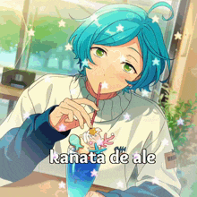 a blue haired anime character drinking from a straw with kanata de ale written on the bottom