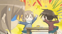 a couple of anime characters standing around a table