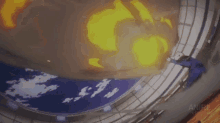a person is standing in front of a large explosion in a building .