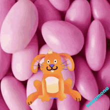 a cartoon rabbit is sitting in front of a pile of pink candy